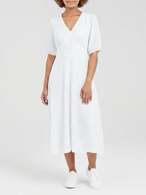 White V‑Neck Midi Dress with Puff Sleeves- CC